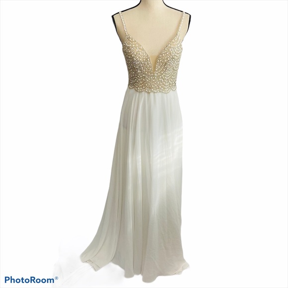 true love white beaded rhinestone maxi dress SALINA DRESS Woman beige